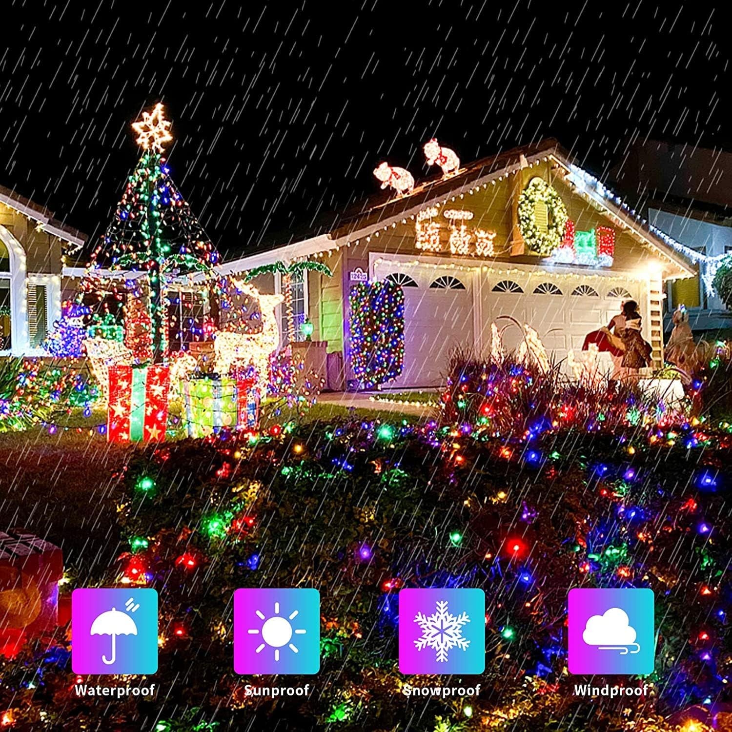 200 LED Multicolor Christmas Lights Outdoor Waterproof, 66Ft Expandable Green Wire, 8 Modes Timer Function, Ideal for Home Party Indoor Xmas Decorations
